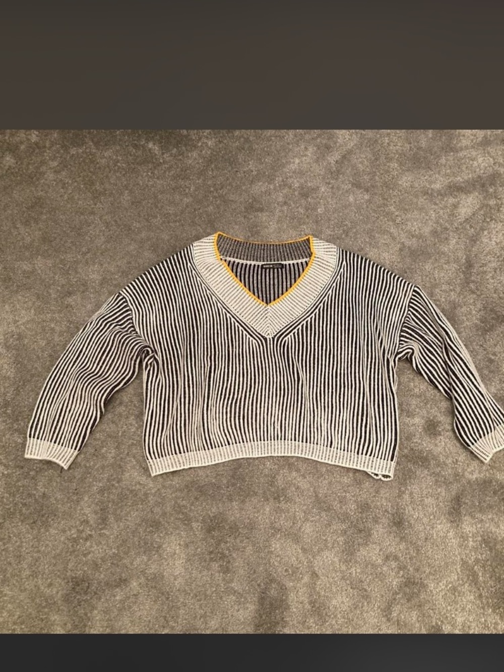 SHEIN Black and White Striped V-Neck Sweater with Yellow Trim